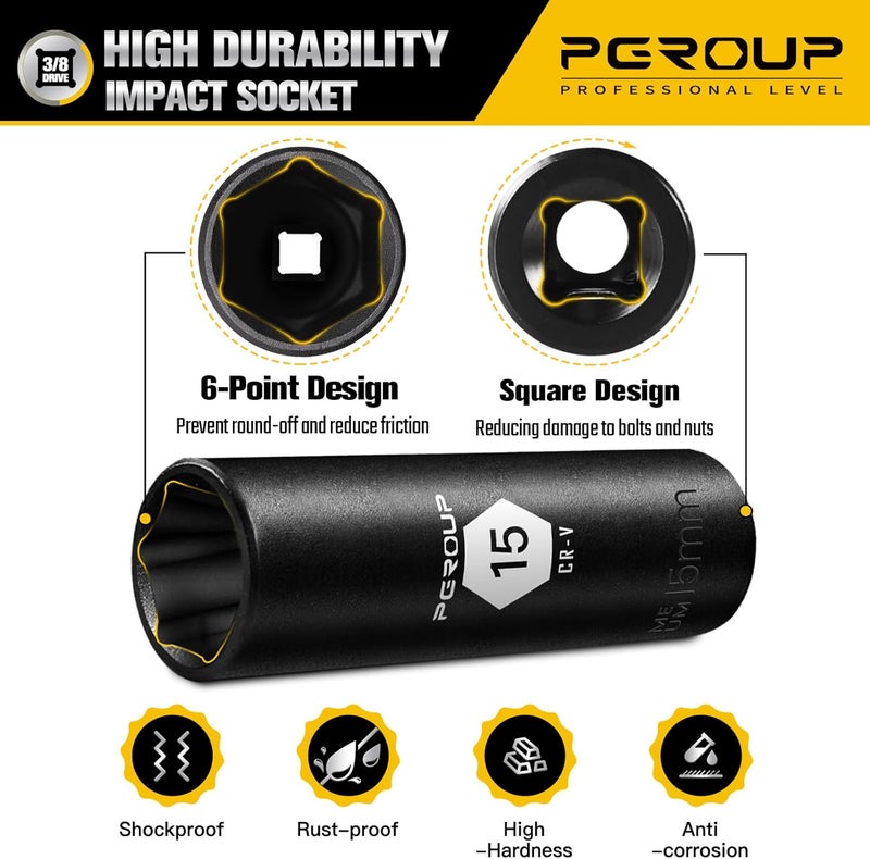 pgroup 3/8” Drive Deep Impact Socket, Metric(15mm socket), 6-Point, Cr-V Steel With Black Manganese Phosphate Coating - Image 4